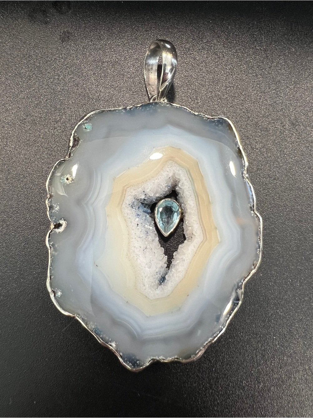 925 Sterling Silver Blue Agate Slice Pendant Pear Topaz Bezel Charm